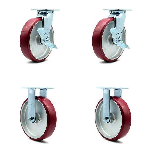 8 Inch Poly on Aluminum Caster Set with Ball Bearings 2 Brakes 2 Rigid SCC